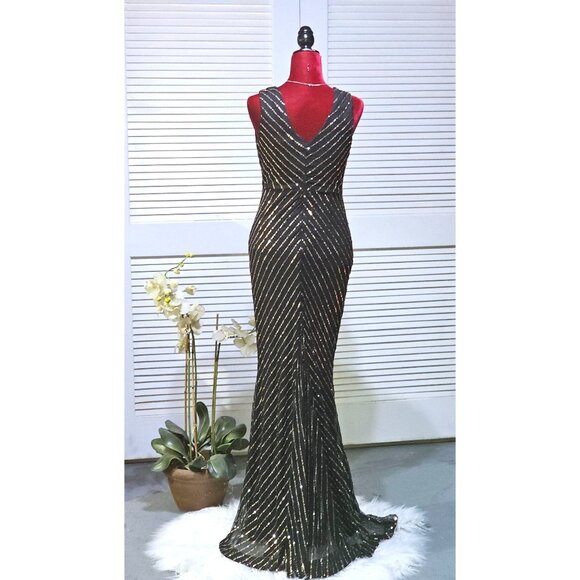 City Goddess London Women's Black Gold Sequin Maxi Dress With V-Neck Sz 6 2575 - Picture 7 of 15